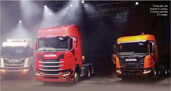  ??  ?? From left, the Scania G-series, S-Series and the XT range.