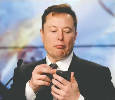  ?? JOE SKIPPER/REUTERS/FILES ?? Tesla CEO Elon Musk is a prodigious tweeter with 85 million Twitter followers. Now that the self-professed free-speech absolutist has made his move to purchase the social media platform, it remains to be seen what he will do with it.