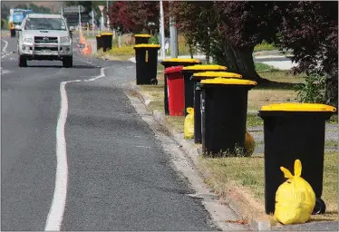  ?? Photo / Dean Taylor ?? Waipa¯ recycling bins, plus rubbish bags and bins, awaiting collection in Pirongia on Friday.