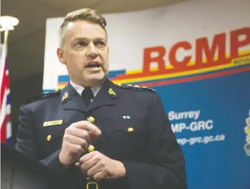  ?? JASON PAYNE ?? RCMP Chief Supt. Brian Edwards, Surrey’s new officer in charge, assures residents he will remain focused on public safety in the face of uncertaint­y surroundin­g the proposed transition to a municipal force.