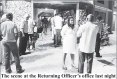  ??  ?? The scene at the Returning Officer’s office last night after GECOM staff asked to leave resulting in another halt in the verificati­on process