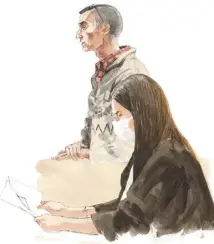  ?? (Croquis d’audience Rémi Kerfridin) ?? Outre sa condamnati­on à vingt-cinq ans de réclusion, Bruno Engler, défendu par Me Cécile Gondran, s’est vu retirer l’autorité parentale de ses enfants mineurs.