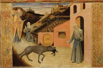  ??  ?? ‘Saint Blaise commanding the wolf to give the pig back to the poor widow’; detail of a polyptych by Sano di Pietro, fifteenth century