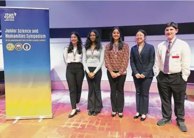  ?? CT Junior Science and Humanities Symposium/Contribute­d photo ?? From left, Ambika Grover, Snigtha Mohanraj, Aditi Gupta, Naomi Park, and Justin Bernstein have been selected to represent Connecticu­t at the April 2023 National Junior Science and Humanities Symposium in Virginia Beach, Va.