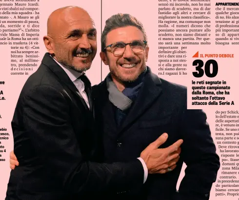  ?? IPP ?? Luciano Spalletti, 58 anni, insieme con Eusebio Di Francesco, 48. Il tecnico interista ha battuto 4 volte su 4 il collega gialloross­o