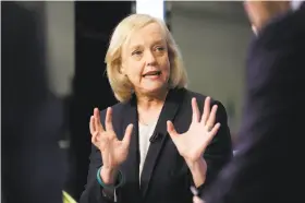  ?? Richard Drew / Associated Press ?? Hewlett Packard Enterprise CEO Meg Whitman told investors Tuesday that Uber, which courted her to become its new CEO, reminded her of eBay.