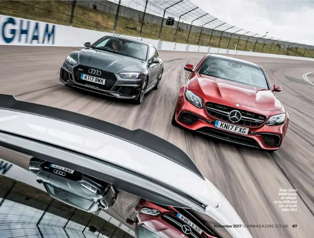  ??  ?? Rear-drive BMW leads all-wheeldrive RS5 and bit-of-both AMG E63