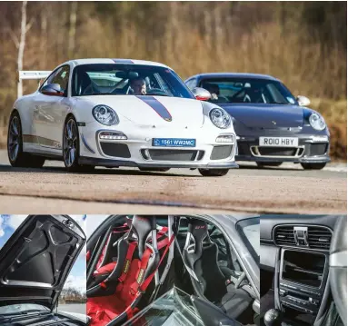  ??  ?? RIGHT Both these 997s offer a thrilling, mechanical drive as the last manual GT3 Rennsports
BELOW RIGHT Pared-back interior of the 3.8-litre GT3 RS is full of motorsport­ing purpose, but the RS 4.0 gets a carbon bonnet