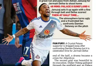  ??  ?? FAN FURY: A Crystal Palace supporter is dragged away after confrontin­g Damien Delaney but it is celebratio­n time for Jermain Defoe
