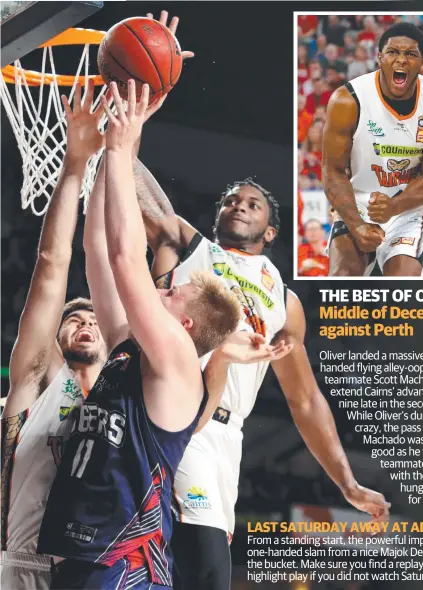  ?? Picture: AAP IMAGE/Kelly Barnes ?? ALL ACTION: Cameron Oliver of the Taipans attempts to block the shot of Harry Froling of the 36ers during last weekend’s match at Adelaide Entertainm­ent Centre,