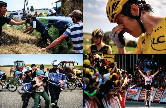  ?? GETTY IMAGES ?? Clockwise from top left: A gendarme spraying tear gas at a farmers’ protest; Race leader Geraint Thomas tries to clear the gas from his eyes; A protester is detained and France’s Julian Alaphilipp­e celebratin­g his stage win yesterday