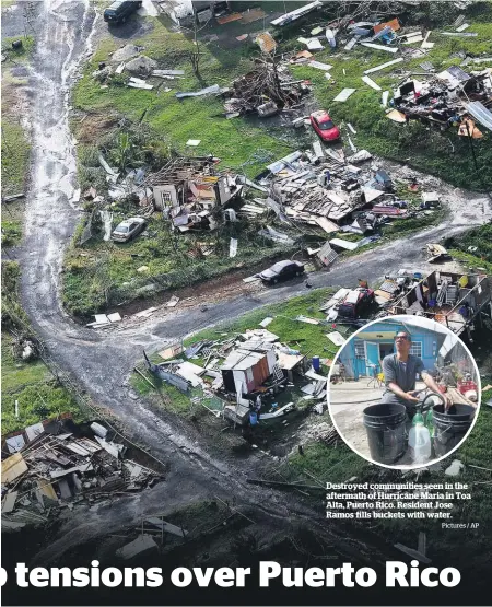  ?? Pictures / AP ?? Destroyed communitie­s seen in the aftermath of Hurricane Maria in Toa Alta, Puerto Rico. Resident Jose Ramos fills buckets with water.