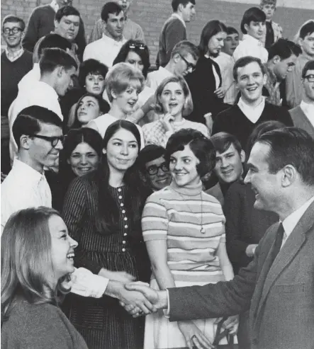  ?? THE COMMERCIAL APPEAL FILES ?? March 13, 1968: For the third year in a row, Henry Loeb appeared at Central High School to meet and talk with students. This time, he appeared as their mayor. There weren't any babies around to kiss, but Loeb found plenty of hands to shake, especially those of future voters.