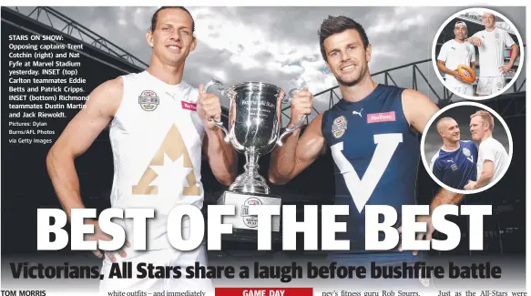  ?? Pictures: Dylan Burns/afl Photos via Getty Images ?? STARS ON SHOW: Opposing captains Trent Cotchin (right) and Nat Fyfe at Marvel Stadium yesterday. INSET (top) Carlton teammates Eddie Betts and Patrick Cripps. INSET (bottom) Richmond teammates Dustin Martin and Jack Riewoldt.