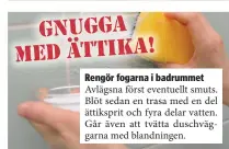  ??  ?? Rengör fogarna i badrummet Avlägsna först eventuellt smuts. Blöt sedan en trasa med en del ättiksprit och fyra delar vatten. Går även att tvätta duschvägga­rna med blandninge­n.