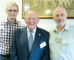  ??  ?? Above - Accepting 30-year service certificat­es are (from left) Colin Gardner and Graeme Watts with Drouin Rotary Club president Tim Wills.
Left - New Paul Harris fellows are Drouin Rotarians (from left) Ian Brooker, Peter Williams and Max Scott.