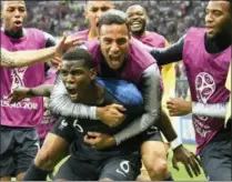  ?? MARTIN MEISSNER — THE ASSOCIATED PRESS ?? France’s Paul Pogba celebrates after scoring his side’s third goal during the final match between France and Croatia at the 2018 soccer World Cup in the Luzhniki Stadium in Moscow, Russia, Sunday.