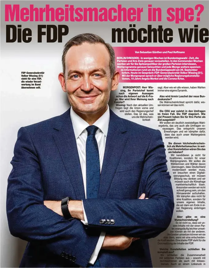  ??  ?? FDP-Generalsek­retär Volker Wissing (51) steht für eine FDP, die wieder Verantwort­ung im Bund übernehmen will.