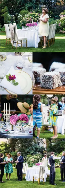  ??  ?? Nicky pops the first bottle of Champagne for guests at a summer reception, where lamingtons are a nostalgic reminder of Australia. The plates are stamped with the Australian coat of arms and topped with cerise Japanese anemones ( Anemone hupehensis)...