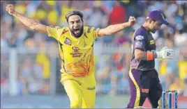  ?? ARIJIT SEN/HT ?? ■ Imran Tahir of Chennai Super Kings celebrates the wicket of Kolkata Knight Riders’ Robin Uthappa at Eden Gardens on Sunday. Tahir also got the prized wickets of Chris Lynn and Andre Russell.