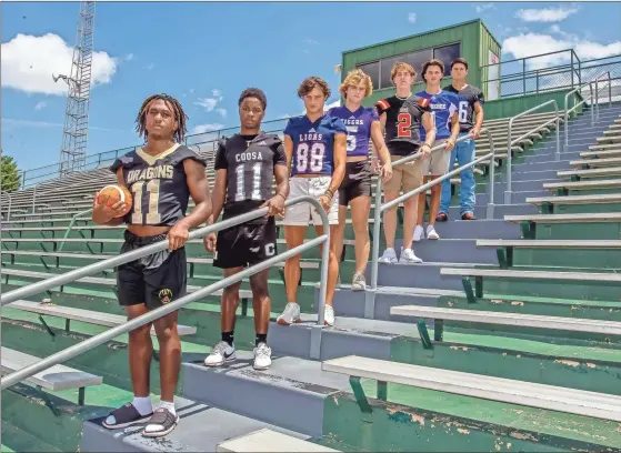  ?? Steven Eckhoff ?? These seven players will be leaned on to help local offenses put points on the board in 2022. They are (from left) Pepperell’s DJ Rogers, Coosa’s DJ Hames, Unity Christian’s Cooper Giddens, Darlington’s Eli Thompson, Rome’s Reece Fountain, Armuchee’s Chandler Desanto and Model’s Dillon Silver.