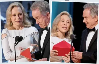  ??  ?? Beatty opens the envelope. Inside a card says ‘Emma Stone’ and ‘La La Land’. He pauses, looking confused. ‘And the academy award …’ he says, trying to buy himself time, ‘for best picture…’. Dunaway, who presumes he’s talking slowly to build tension,...