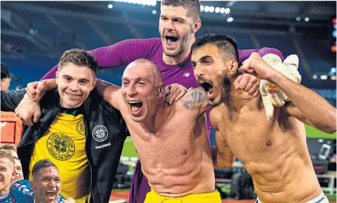  ?? James Forrest, Scott Brown, Fraser Forster and Hatem Elhamed celebrate after their victory over Lazio ??