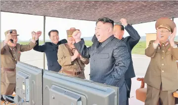  ??  ?? This undated picture released from North Korea’s official Korean Central News Agency shows Kim (C) inspecting a launching drill of the medium-and-long range strategic ballistic rocket Hwasong-12 at an undisclose­d location. — AFP photo