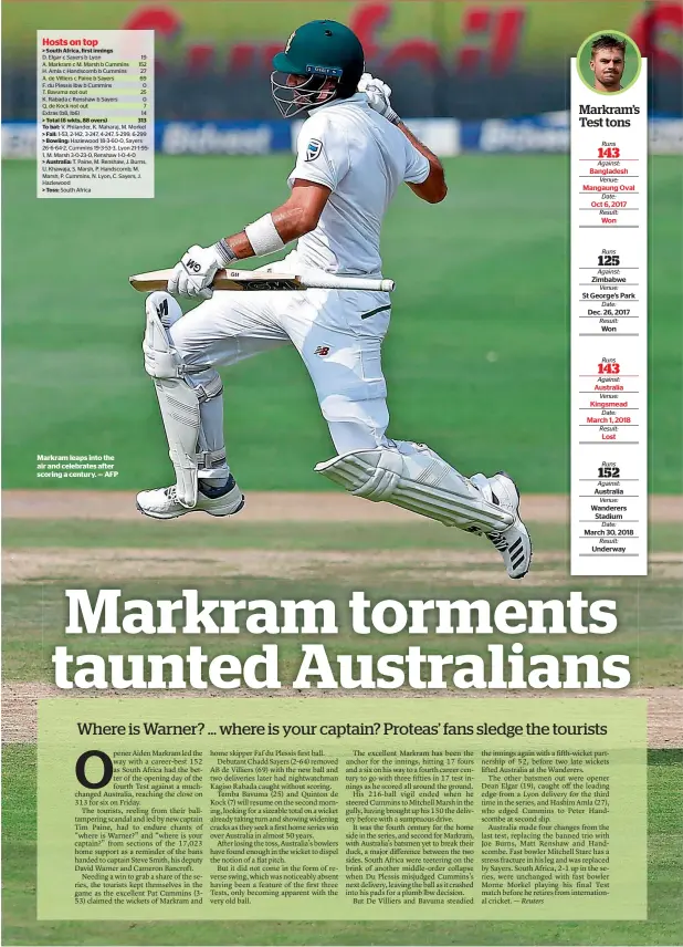  ??  ?? Markram leaps into the air and celebrates after scoring a century. — AFP