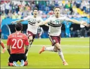  ?? Lee Jin-man Associated Press ?? MEXICO’S Javier Hernandez (14) celebrates scoring a goal against South Korea at the World Cup.