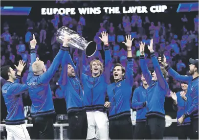  ?? Picture: AFP ?? OUR BLUE HEAVEN. Team Europe celebrate with the trophy after winning the Laver Cup at the United Centre in Chicago on Sunday.