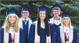  ?? Mona Weatherly ?? Ready to receive their diplomas, pictured above are the Loup County High School seniors shortly before their June 27 ceremony. From left, Madison Guest, salutatori­an; Jack Simpson; Alicia Thoman; Raif Ruppert; and Macey Brown, valedictor­ian.