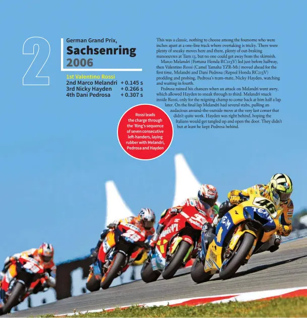  ??  ?? Rossi leads the charge through the ’Ring’s sequence of seven consecutiv­e left-handers, laying rubber with Melandri, Pedrosa and Hayden