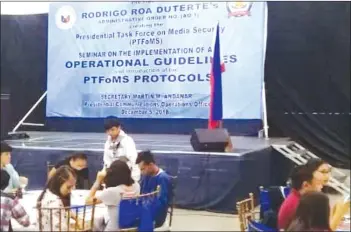  ?? Gabriel G. Bañaga photo) (Dominique ?? PTFoMS held a seminar yesterday on the operationa­l guidelines of Administra­tive Order No. 1, which seeks to protect the lives of Filipino journalist­s, at the Iloilo Convention Center.