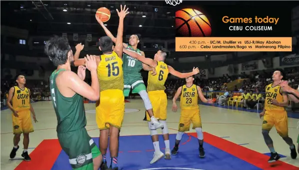  ?? PAUL JUN E. ROSAROSO ?? Tristan Albina of the University of the Visayas/SG-ARQ Builders is fouled as he goes hard to the basket against University of San Jose-Recoletos during their game in the Sinulog Cup last night at the Cebu Coliseum.