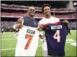  ?? ERIC CHRISTIAN SMITH — ASSOCIATED PRESS ?? Texans QB Deshaun Watson, left, and the Browns’ DeShone Kizer, right, swap jerseys after their game Oct. 15 in Houston.