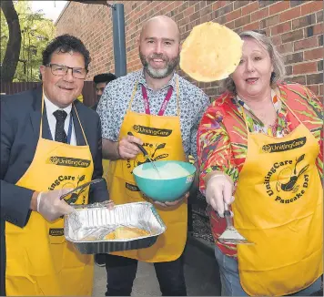  ??  ?? FLIPPING FUN: From left, Gwmwater chief executive Mark Williams, Uniting Wimmera executive officer Josh Koenig and headspace Horsham manager Liz Rowe at Uniting Wimmera’s pancake day. The team of cooks flipped 320 pancakes in two hours, raising $1285 to support programs for vulnerable people in the community. ACE Radio’s MIXX FM team hosted a live broadcast from Wimmera Wellbeing Centre in Urquhart Street. Uniting’s Community Activation Social Isolation, CASI, team members organised the event, which included delivery, dine-in and drive-through options.