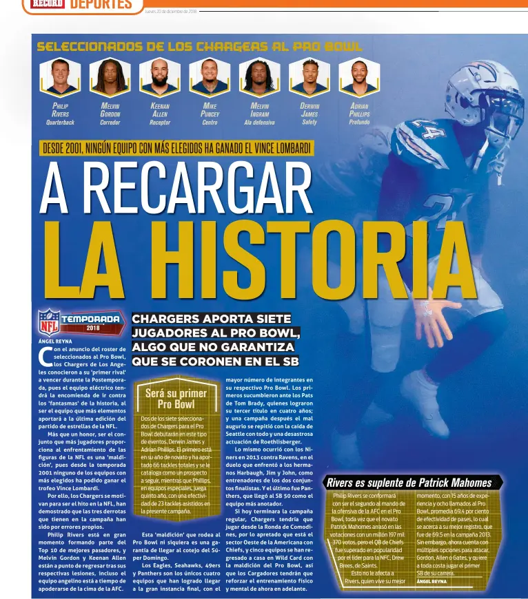  ??  ?? PHILIP MELVIN GORDON KEENAN MIKE MELVIN DERWIN JAMES ADRIAN PHILLIPS RIVERS ALLEN PUNCEY INGRAM Safety Profundo Quarterbac­k Corredor Receptor Centro Ala defensiva