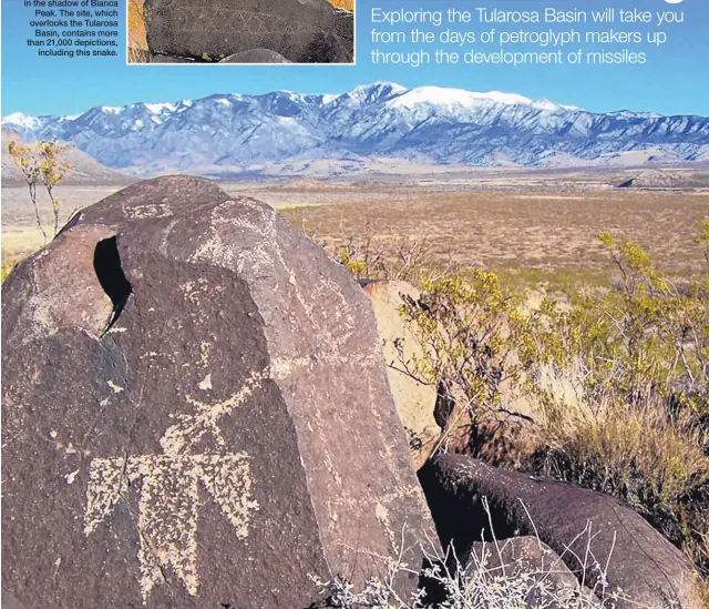  ?? COURTESY OF THE BUREAU OF LAND MANAGEMENT ?? A bird and a man adorn a rock on the Three Rivers Petroglyph Site in the shadow of Bianca Peak. The site, which overlooks the Tularosa Basin, contains more than 21,000 depictions, including this snake.