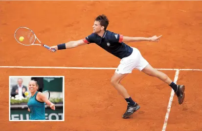  ??  ?? Dominic Thiem returns to second seed Alexander Zverev of Germany during their French Open quarterfin­al at Roland Garros in Paris yesterday. The seventh-seeded Austrian scored an upset 6-4, 6-2, 6-1 victory. Inset: American Madison Keys celebrates after...