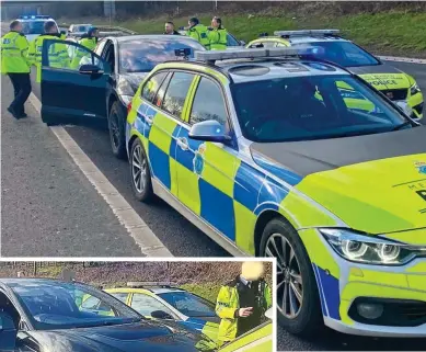  ?? ?? Gone rogue: Nathan Owen’s Jaguar I-Pace was trapped by police cars on the M62