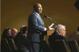  ?? MATT ROURKE/AP ?? Democratic National Committee chair Jaime Harrison speaks Saturday at the DNC’s Winter Meeting in Philadelph­ia, where a new primary lineup for 2024 was approved.