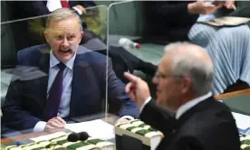  ?? Photograph: Lukas Coch/AAP ?? ALP leader Anthony Albanese and PM Scott Morrison during question time. On the issue of the climate crisis, Albanese has accused the Coalition government of being ‘frozen in time while the world warms around it’.