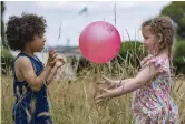  ??  ?? Kyron Burke (4 )and Lucia O’Brien (4), from Bray, play in the sun. Photo: Arthur Carron