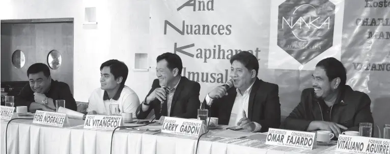  ?? (PNA photo by Robert Oswald P. Alfiler) ?? WOMEN’S RIGHTS. Transco President and CEO Atty. Melvin Matibag (left), Rep. Fidel Nograles, Host Atty. Al Vitangcol, Atty. Larry Gadon, and guest moderator former Cong. Omar Fajardo, during the News and Nuances Kapihan at Almusal (NANKA) media forum held at Nanka Restaurant, Quezon City on Friday (March 6, 2020). One of the topics discussed during the forum was the Reproducti­ve Rights of Women.