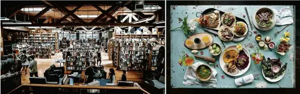  ??  ?? À esq., Elliott Bay Book Company, em Seattle, conhecida por suas livrarias e biblioteca­s; à dir., pratos do restaurant­e Pharm Table em San Antonio