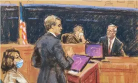  ?? Photograph: Jane Rosenberg/Reuters ?? A courtroom sketch on Tuesday. Ghislaine Maxwell is on trial for six counts related to her alleged involvemen­t in Jeffrey Epstein’s sexual abuse of minor teenagers.