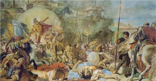  ??  ?? La battaglia Così Giandomeni­co Tiepolo rappresent­a, in maniera fortemente drammatica, «L’apparizion­e dei santi Faustino e Giovita sulle mura di Brescia» in San Faustino