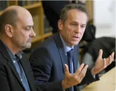  ??  ?? Manteaux (right), gives a press conference next to French gendarme, commanding officer Regis Millet at Besancon’s courthouse, regarding the disappeara­nce in 2016 of Japanese student, Narumi Kurosaki. — AFP photo