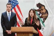  ?? Yalonda M. James/The Chronicle 2022 ?? California Treasurer Fiona Ma, at a 2022 news conference with Gov. Gavin Newsom, is accused in a lawsuit by a former employee of sexual harassment.